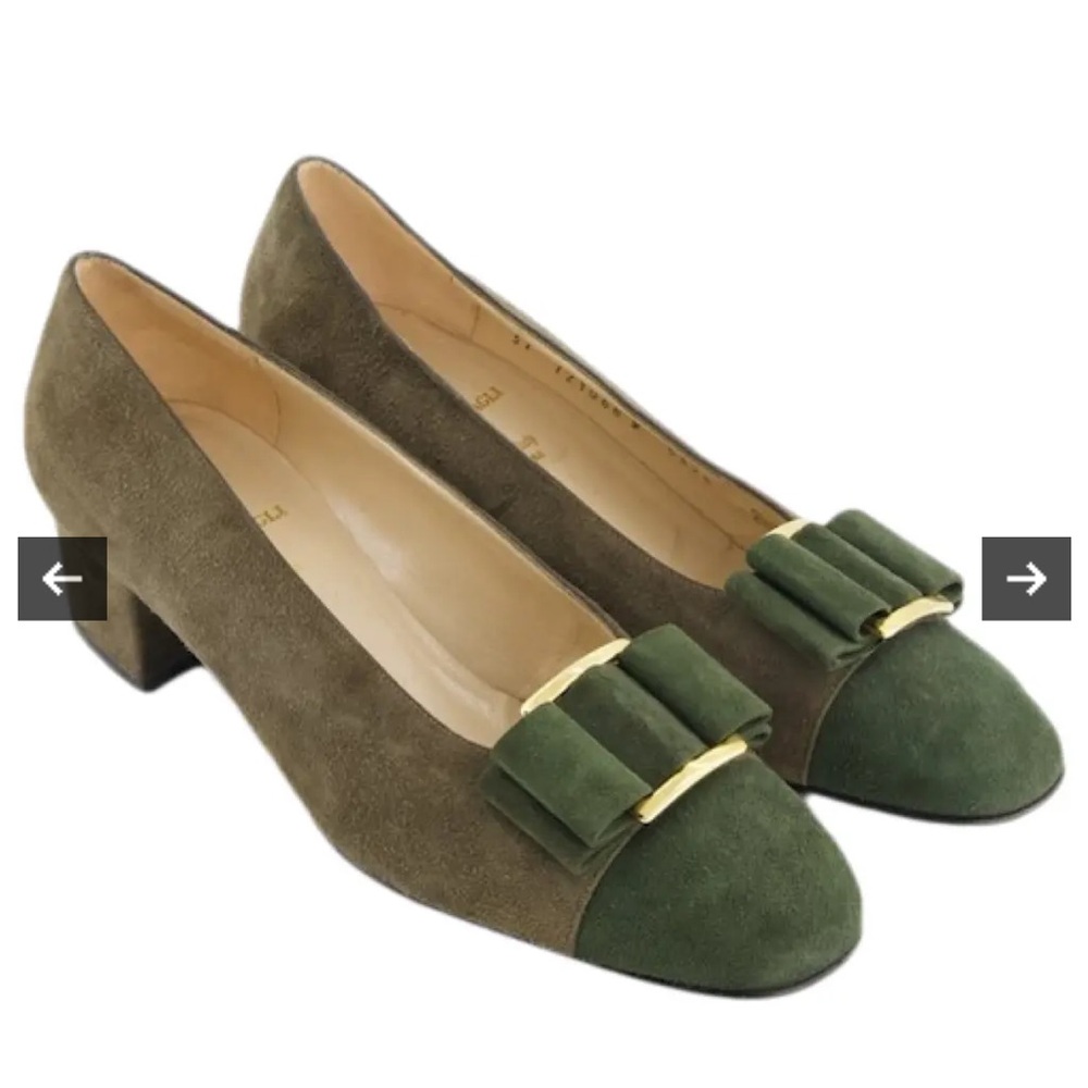 Bruno Magli Olive Green Suede Block Heel Pumps with Bow Accent